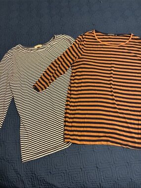 Nuggles Women’s 3/4-Sleeve Striped Tee in Orange/Navy +Black/White